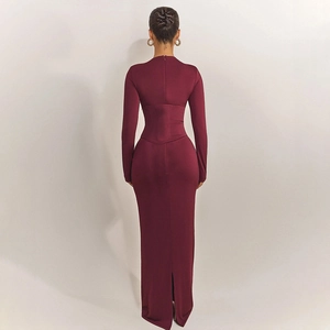 Elegant wine red long sleeve bodycon maxi dress with back slit and slim waist design