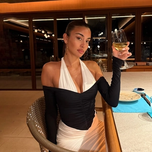 Women Halterneck Off Shoulder Ruched Color Block Maxi Dress Slim Fit Long Sleeve Backless Party Bodycon Dress