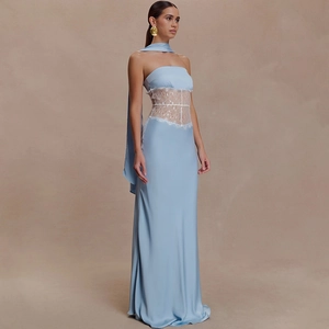 Light blue satin halter neck maxi dress with white lace waist and matching scarf accessory