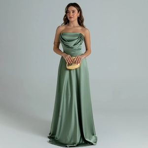 Detail of elegant sage green strapless satin evening gown with pleated bodice and A-line silhouette