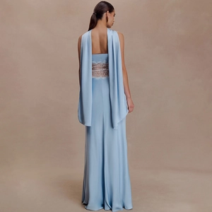 Elegant light blue backless maxi dress with white lace patchwork and draped shoulder cape