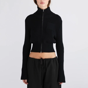 Front view of slim fit black ribbed knit sweater with high neck and full zip detail