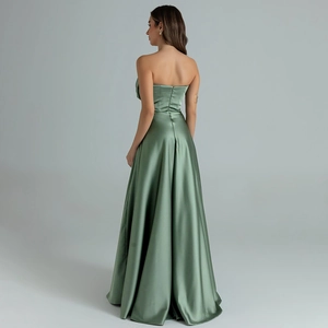 Elegant bean green strapless satin evening gown with a flowing A-line long skirt