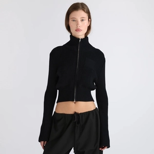 Slim fit black ribbed cardigan with high neck and front zipper closure for women