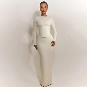 Slim fit cream beige maxi dress with long sleeves and corset waist design