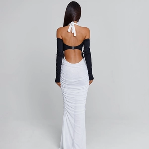 Slim fit backless halter dress in black and white contrast with pleated texture