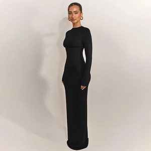 Chic black long sleeve maxi dress with corset waist and bodycon silhouette