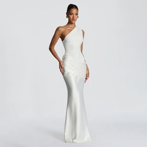 Detailed view of the elegant one-shoulder white satin dress with flattering waist pleats