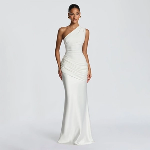 Detail of elegant white satin dress showing asymmetric shoulder and pleated waist textures