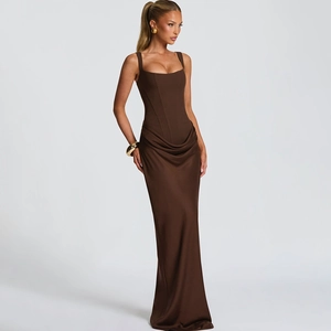 Detail of elegant dark brown square neck gown with corset stitching and pleated waist