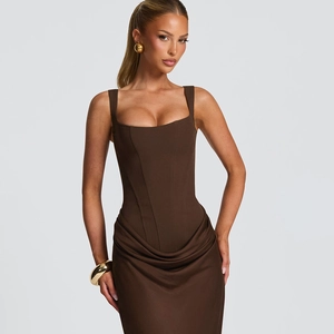 Elegant dark brown corset bodycon dress with square neck and fishtail hemline design