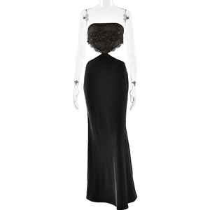 Sleek black floor-length gown with lace bodice and stylish waist cut-outs on white background