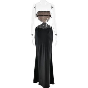 Detailed view of the elegant backless black satin evening dress with lace cutout details