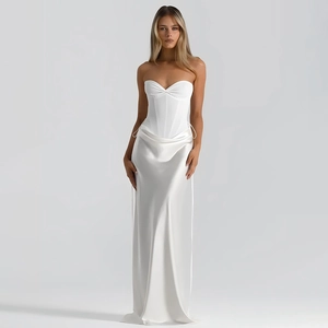 Elegant white satin strapless corset top and high-waisted floor-length fishtail skirt set