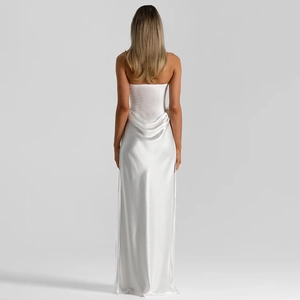 Elegant white strapless evening gown with satin fishtail skirt and textured bodice