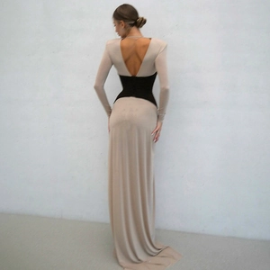 Elegant champagne backless evening gown with long sleeves and black corset waist detail