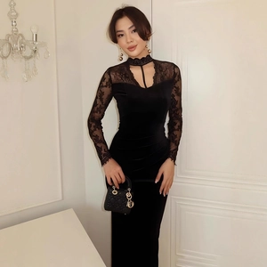 Elegant Black Velvet Lace Patchwork Maxi Dress Women V Neck Hollow Out Ruched Bodycon Party Evening Dress
