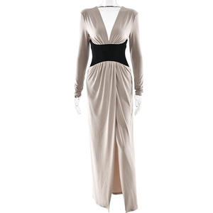 Elegant long sleeve nude evening dress with deep V-neck, black waist contrast and side slit