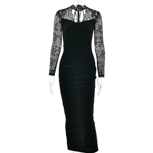 Elegant black velvet evening dress with lace sleeves and ruched side detail for women