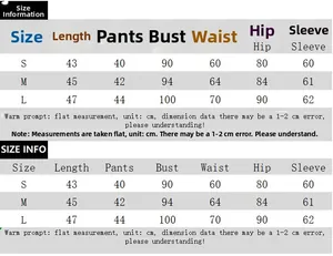 Detailed size chart for two-piece knit set showing length, bust, waist, and hip in cm