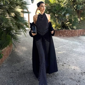 Elegant Polka Dot Halter Backless Maxi Dress For Women High Waist Lace Up Sleeveless Street Style Fashion Long Dress