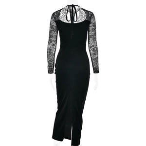 Detailed back view of lace patchwork maxi dress with floral patterns and sleek slit hem