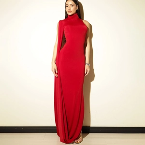 Robe Longue Sexy Femme Licou Col Haut Manche Cape Asymétrique Moulante Froncée Une Épaule Fente Soirée Bal