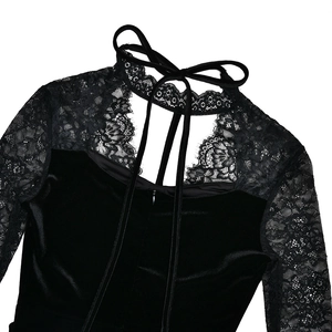 Detailed view of black velvet lace high neck with ribbon ties and invisible zipper