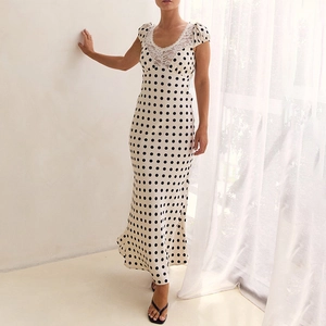 Robe Longue en Satin à Pois pour Femmes Dentelle Dos Ajouré Manches Bouffantes Élégante Sexy Taille Haute Slim