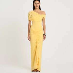 Elegant yellow one-shoulder maxi dress with ruched details and bodycon fit for women