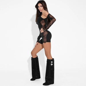Detail of slim-fit sexy bodysuit with lace splicing and matching long sleeves in black