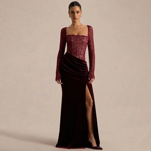 Robe Maxi Élégante en Velours avec Patchwork de Dentelle pour Femmes Sexy Col Carré Dos Nu Fente Haute Robe de Soirée Banquet Fête