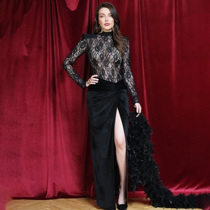 Sexy black lace long sleeve velvet dress with high slit and feather shawl accessory
