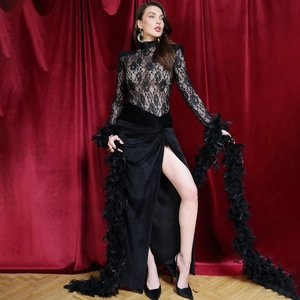 Sexy black lace sheer top velvet dress with high slit and feather shawl decoration