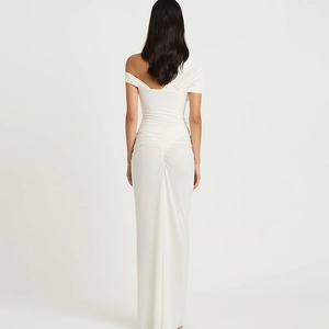 Detailed back view of white ruched bodycon dress with off-shoulder floor-length design