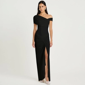 Sexy black off-shoulder mesh dress with ruching detail and high split for evening party