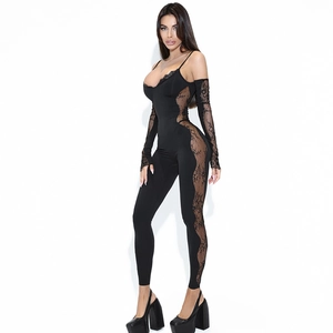 Detail of slim fit black bodysuit with side lace panels and matching lace sleeves