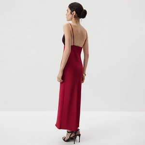 Detail view of the elegant open back design on this red satin lace bodycon maxi dress