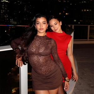 Robe Mini Femme Sexy en Dentelle Surpiqûres Perspectives Manches Longues Coupe Slim Froncée Bodycon Club Party Outfit Robe Unie