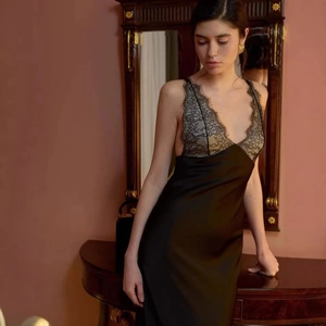 Elegant black satin slip maxi dress with deep V-neck and delicate eyelash lace trim