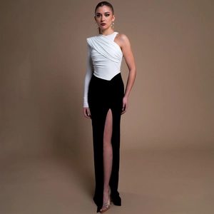 Women Sexy One Shoulder Long Sleeve High Slit Maxi Dress Patchwork Color Block Bodycon Party Evening Gown Slim Fit Dress