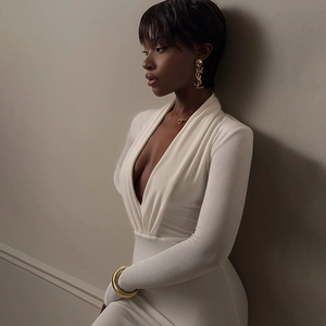 Détail d'une robe blanche à décolleté en V avec boucles d'oreilles dorées YSL de luxe