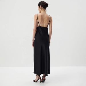 Detail of elegant black satin slip dress showing backless cut and thin spaghetti straps
