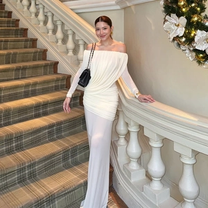 Off-Shoulder Ruched Mesh Maxi Dress Sexy Slim Fit Long Sleeve Pleated See-Through Party Club Evening Formal Dress For Women