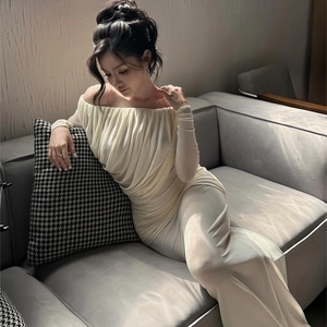 Elegant off-shoulder cream white mesh maxi dress with pleated texture and long sleeves