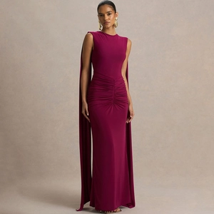 Women's Sexy Sleeveless Backless Evening Maxi Dress With Ruched Cape Cloak Formal Bodycon Long Party Gown