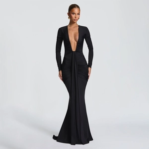 Elegant black deep V-neck long sleeve evening gown with ruched waist and fishtail hemline