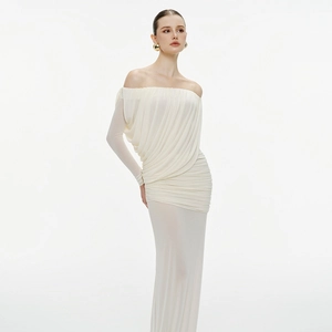 Detail of elegant off-shoulder long-sleeve dress with creamy white ruching texture
