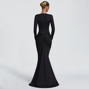 Elegant black long sleeve fishtail evening dress with back pleated waist details