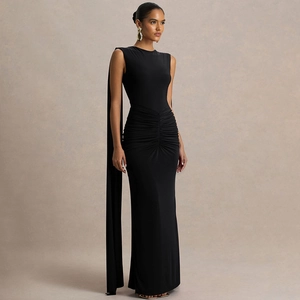 Elegant black sleeveless evening gown featuring side pleats and long cape back detail